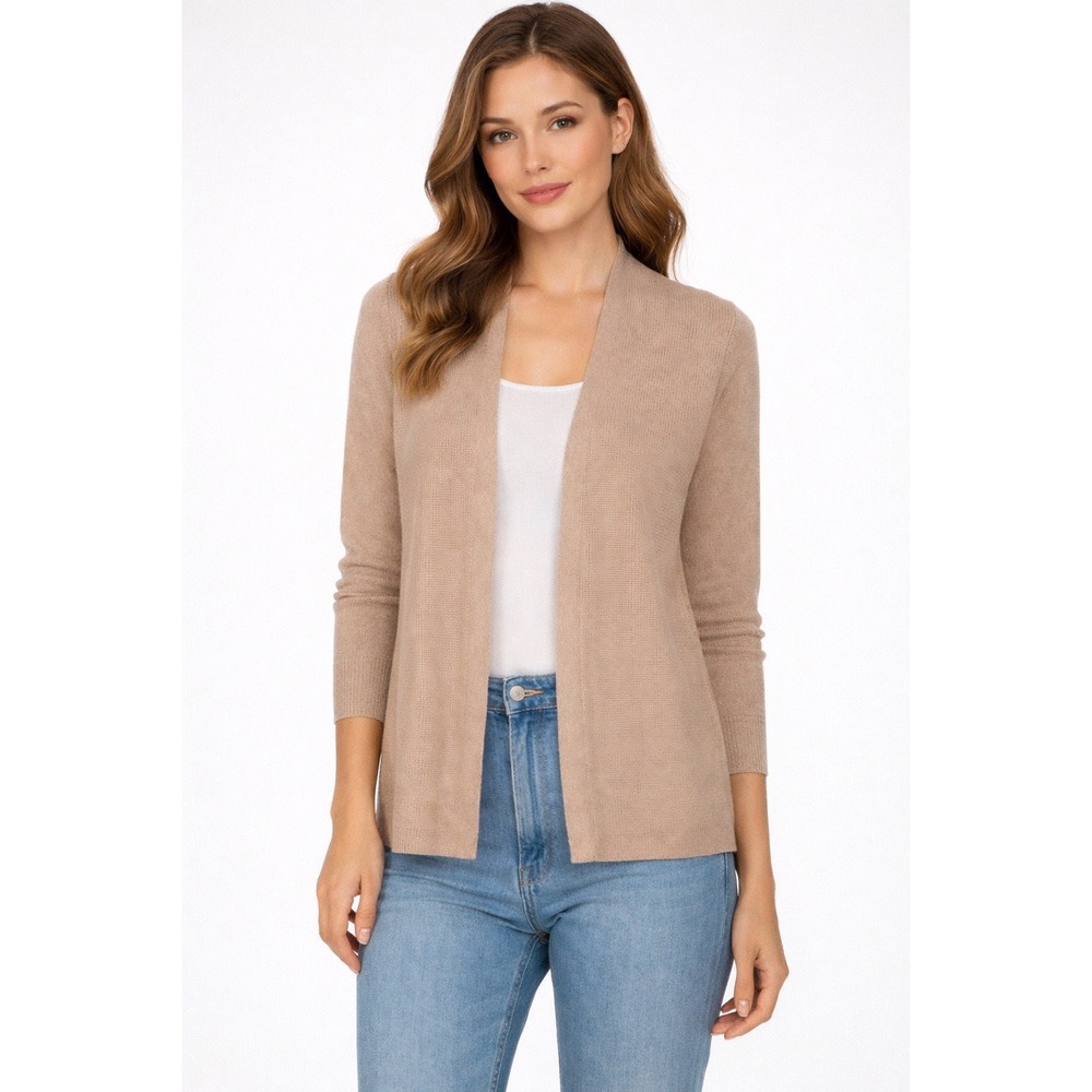 Beige Ribbed Open Front Cardigan XS Lightweight Minimal Basic Layering NWOT‎